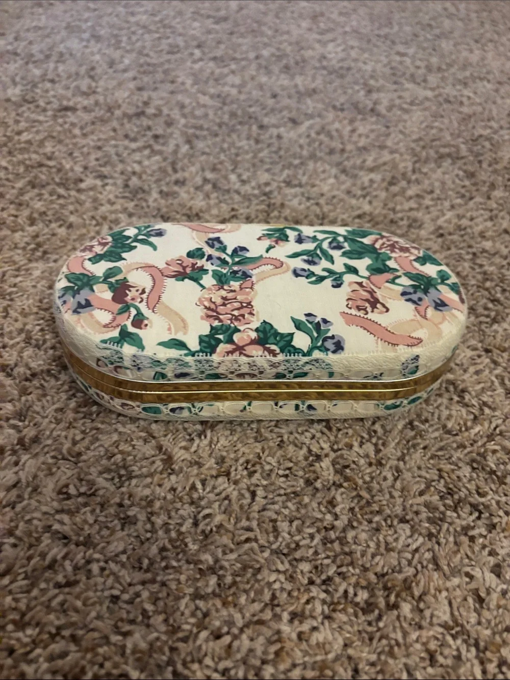 Vintage Floral Fabric withGold & Lace Accent Oval Jewelry Case 8”x4”